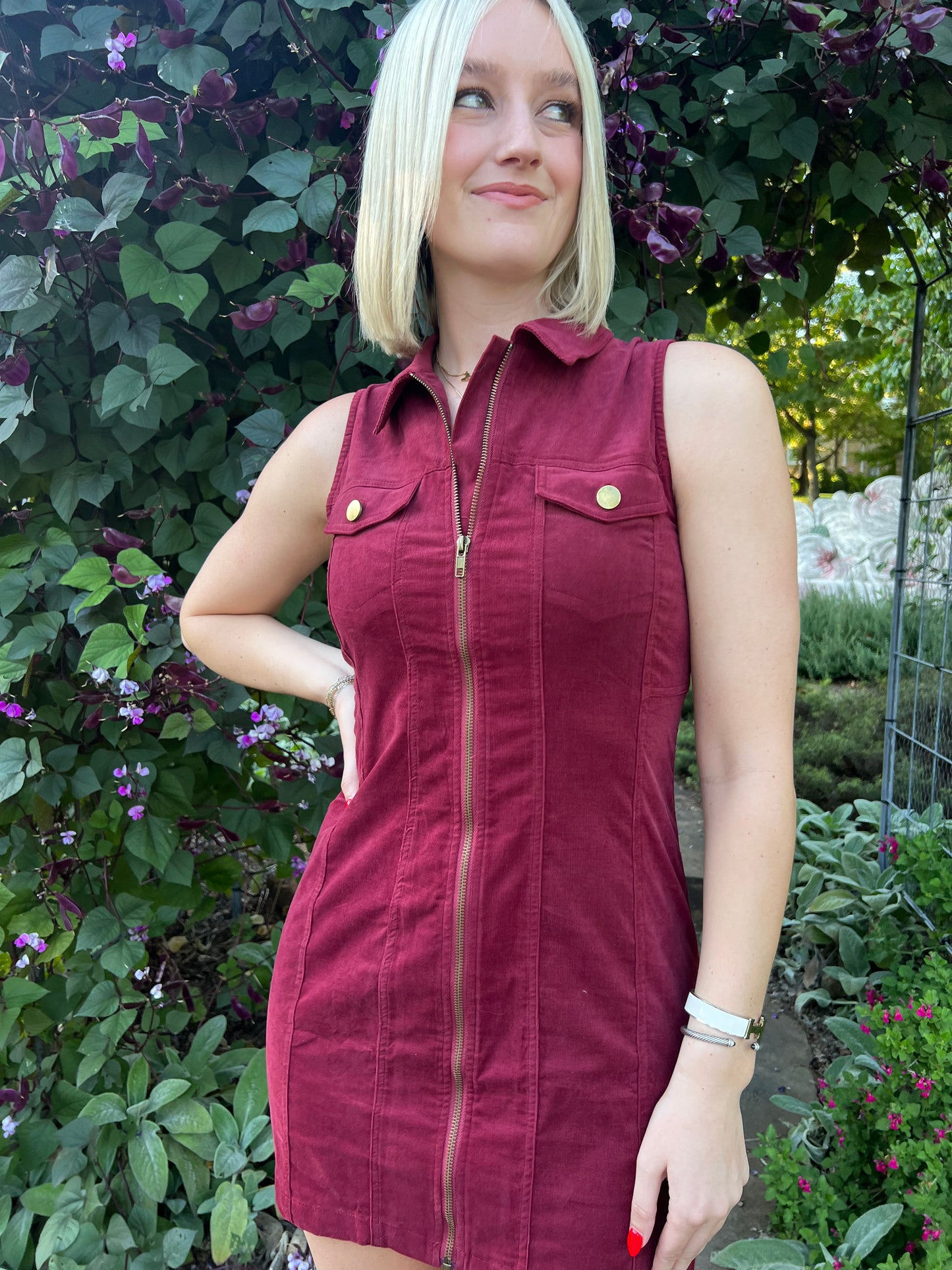 Crimson Corduroy Zip Dress