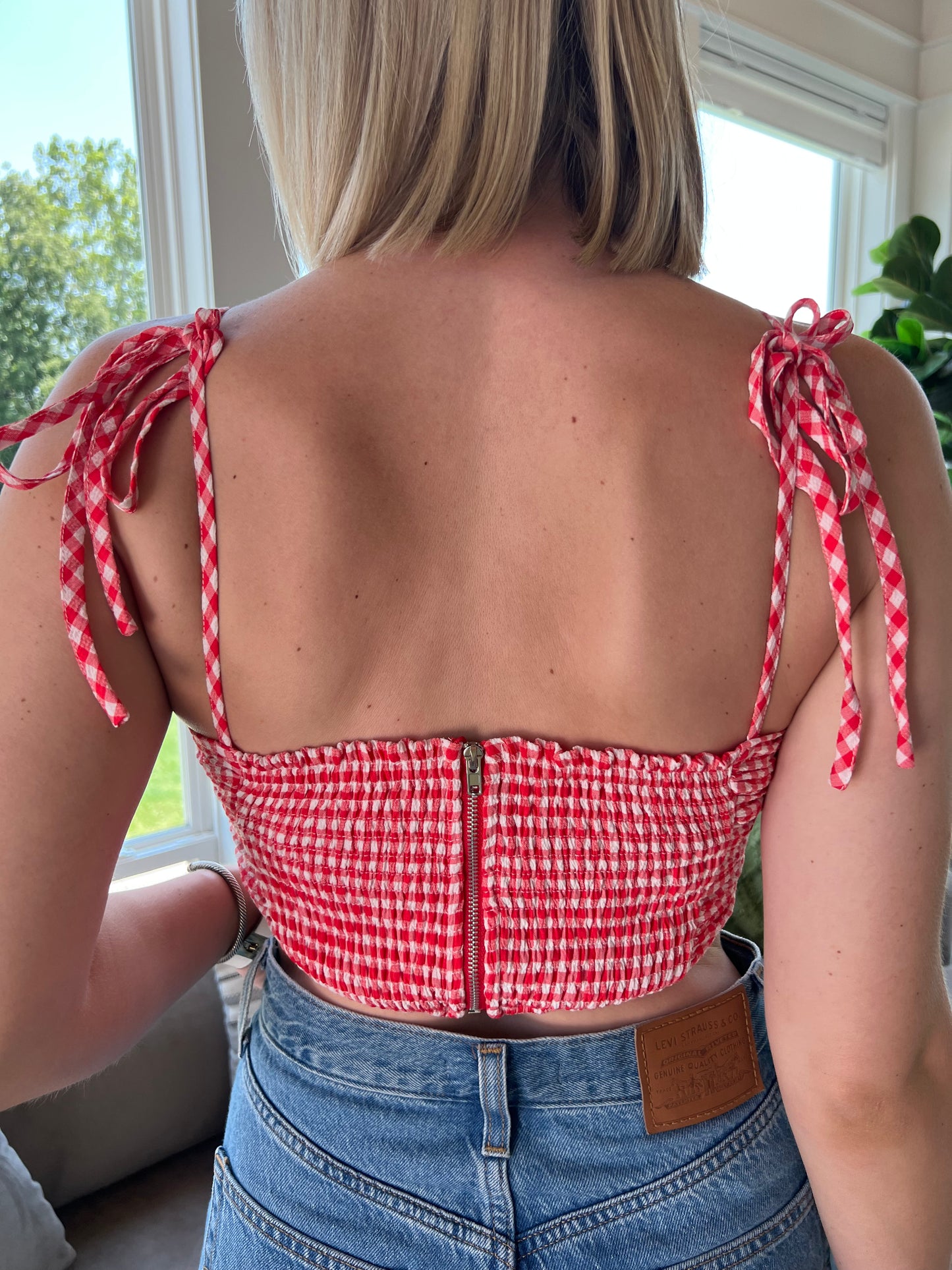 Red Gingham Ruched Crop Top