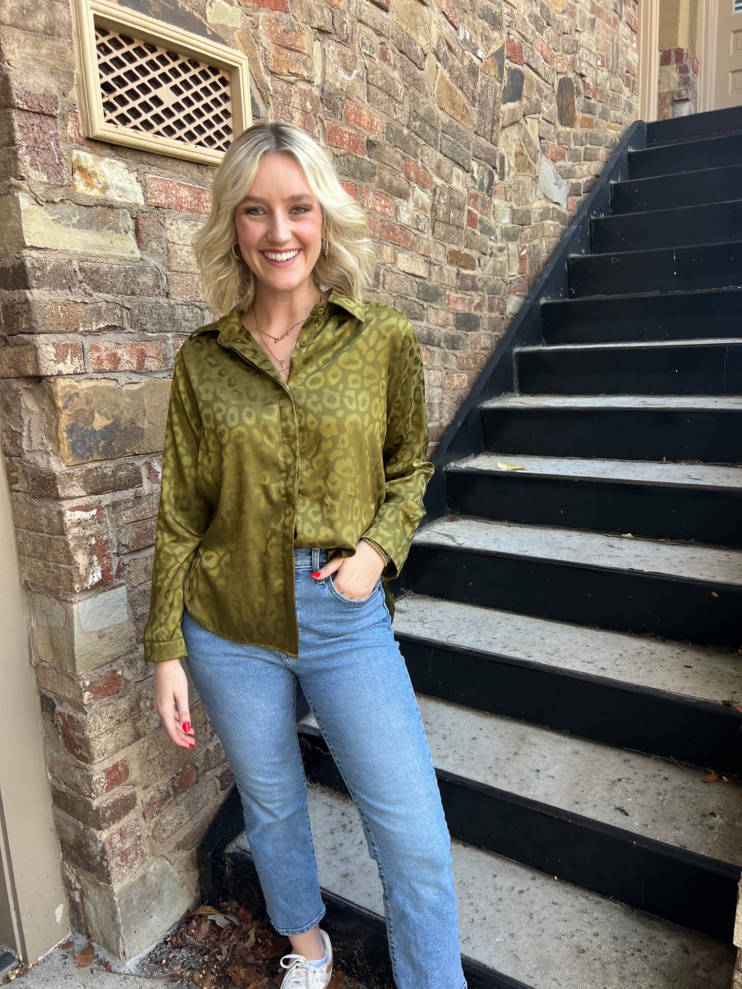 Olive Leopard Button Down Blouse