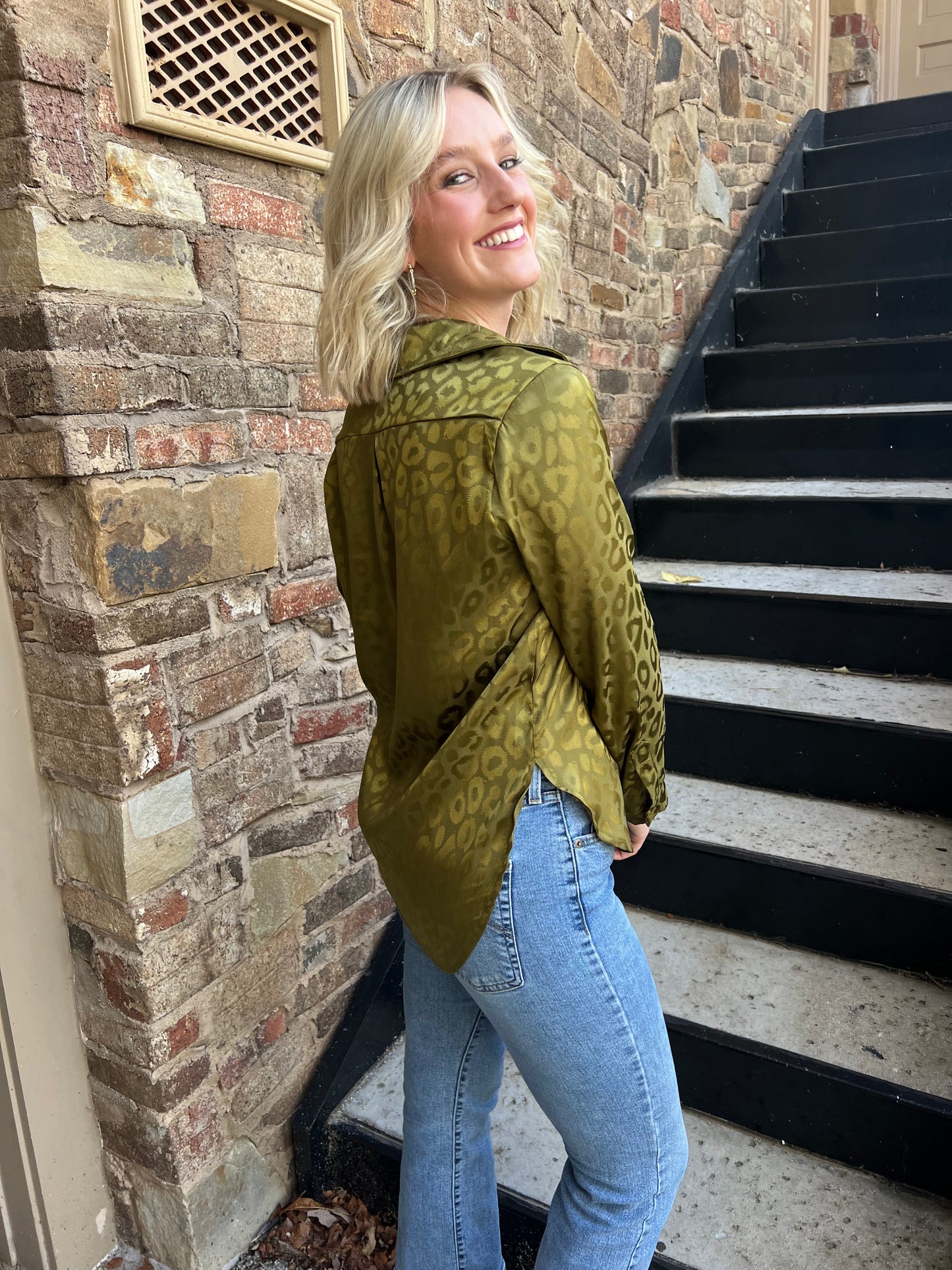 Olive Leopard Button Down Blouse