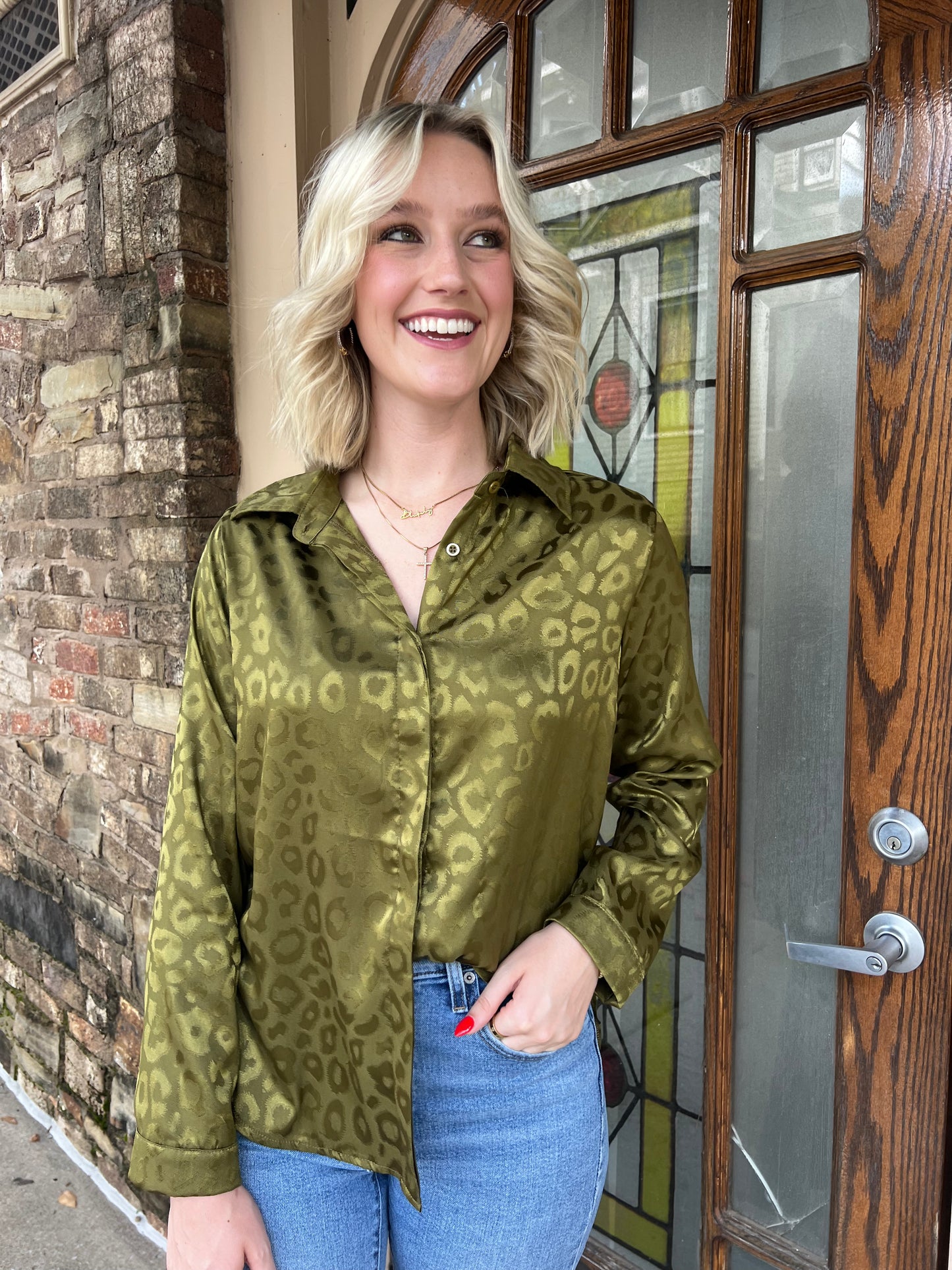 Olive Leopard Button Down Blouse