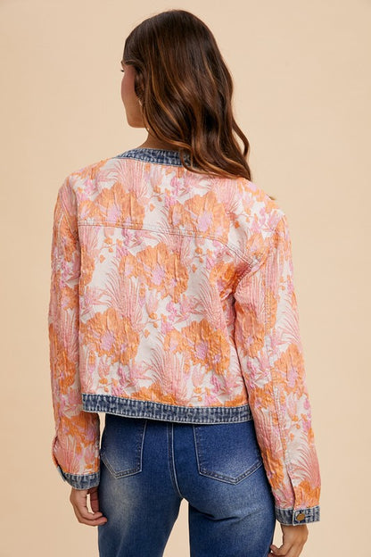 Annie Wear Floral Jacquard Denim Contrast Button Down Jacket