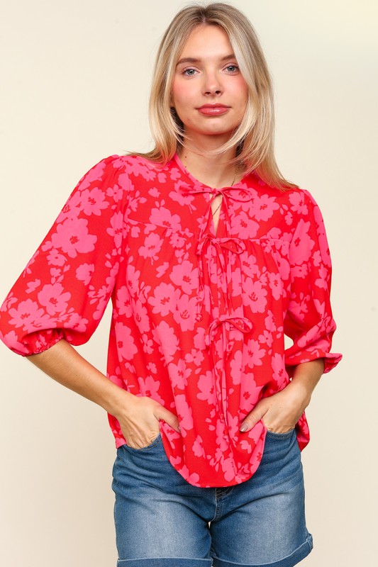 Haptics Full Size Ribbon Bow Floral Balloon Sleeve Blouse