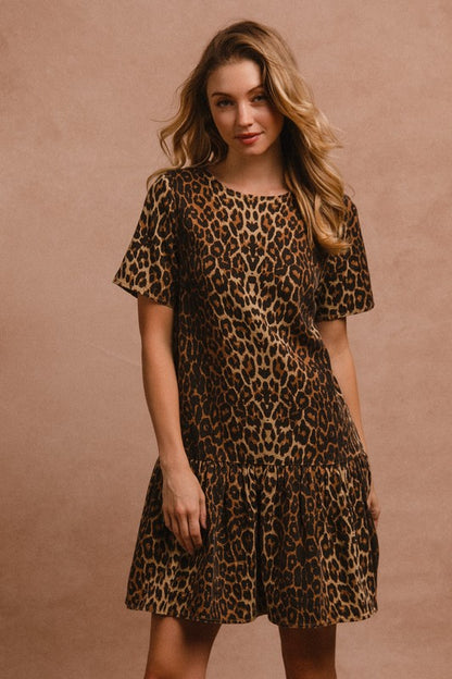 BiBi Tie Back Leopard Round Neck Short Sleeve Dress