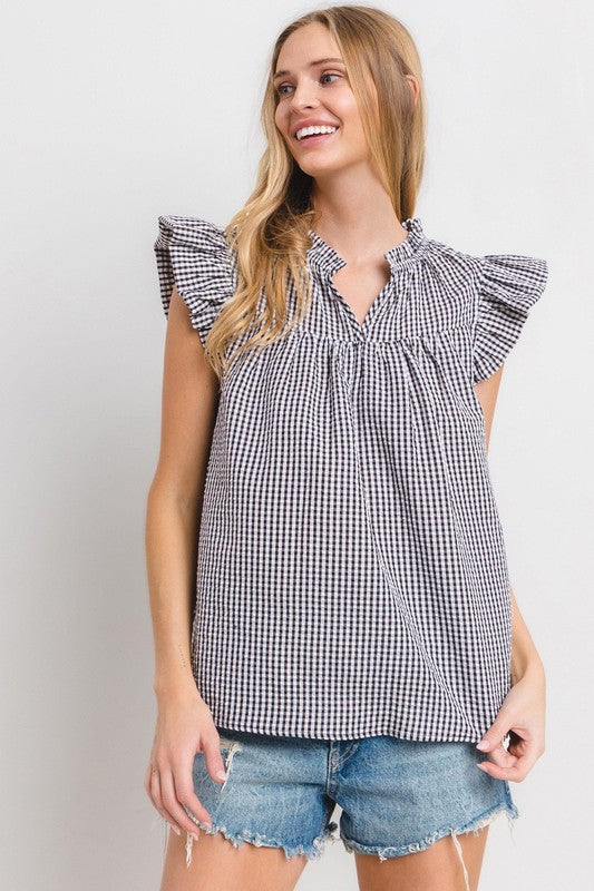 Ces Femme Plaid Notched Ruffled Cap Sleeve Blouse