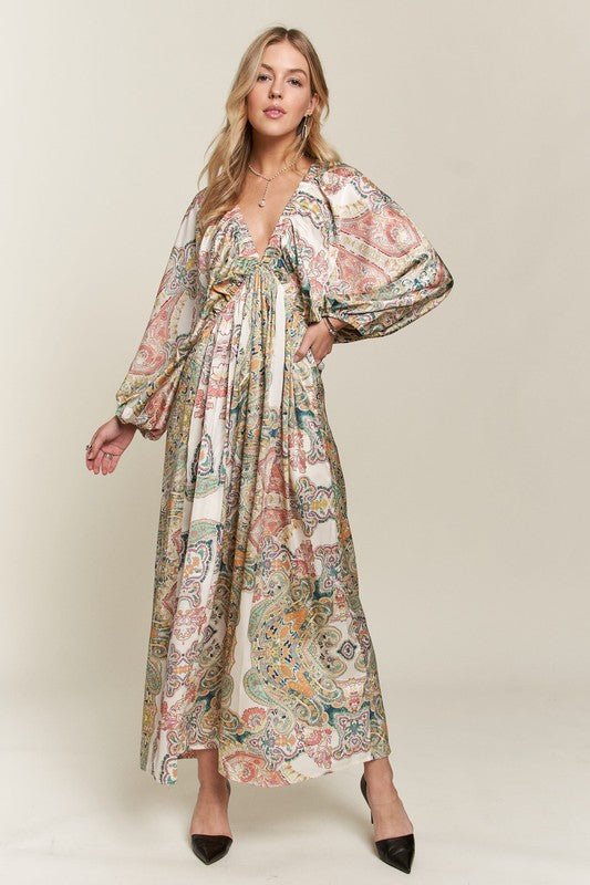 ADORA Printed V-Neck Batwing Sleeve Dress