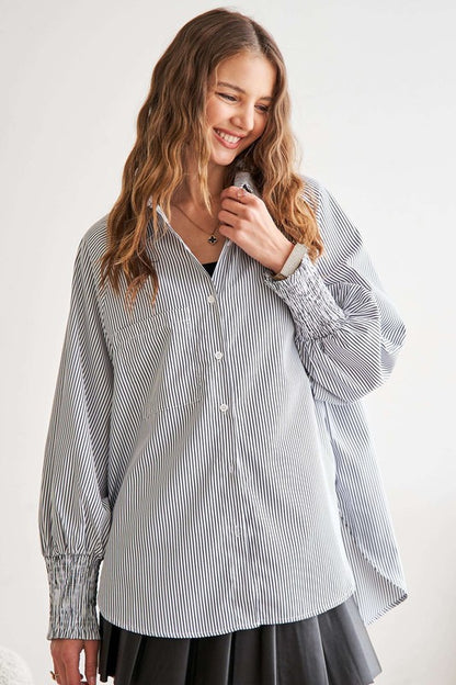 ADORA High-Low Striped Button Down Smocked Lantern Sleeve Shirt