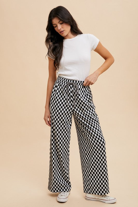 Annie Wear Drawstring Checkered Wide Leg Pants