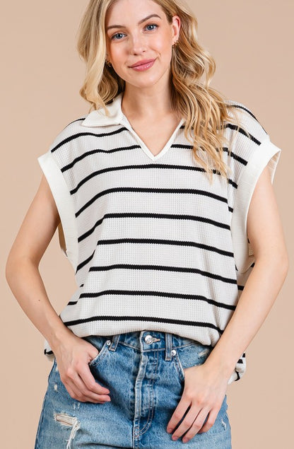 Ces Femme Collared Neck Contrast Striped Sweater Vest