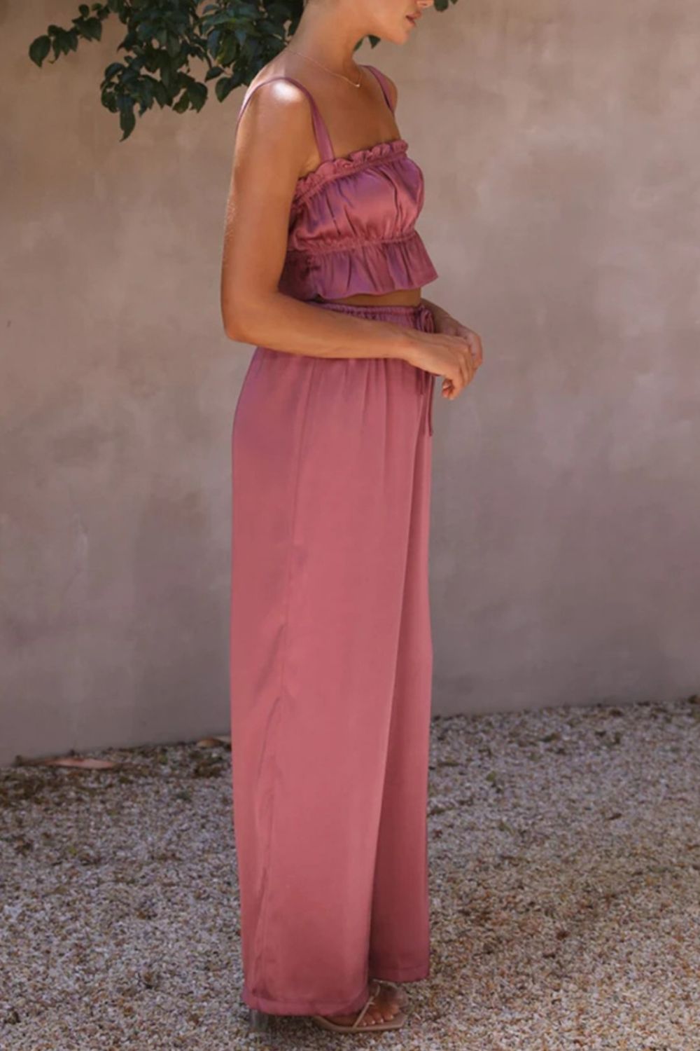 Ruffled Sleeveless Top and Wide Leg Pants Set