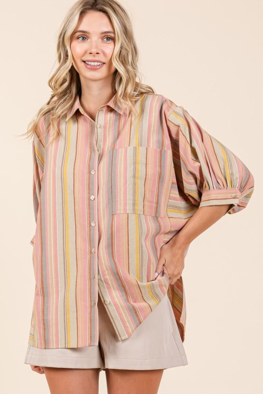 Mittoshop Striped Bubble Sleeve Button Down Shirt