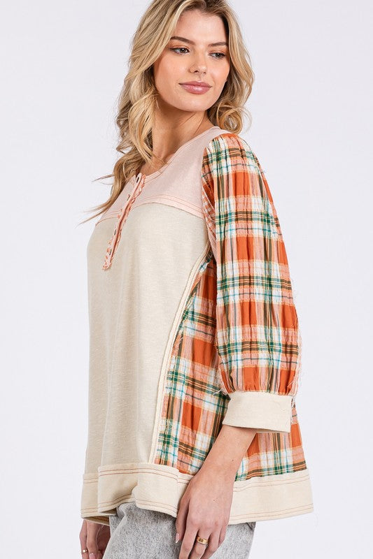 SAGE + FIG Exposed Seam Button Detail Plaid Top