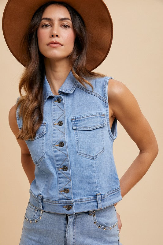 Annie Wear Collared Neck Button Down Denim Vest