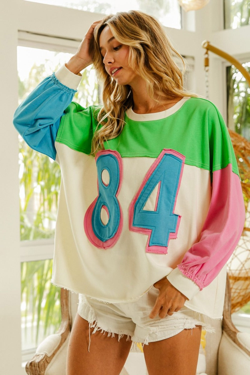 BiBi Color Block Patched Long Sleeve Top