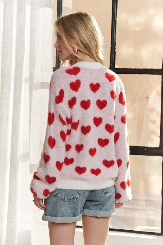 ADORA Fuzzy Heart Button Down Cardigan