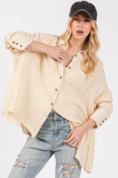 SAGE + FIG Frayed Hem Side Slit Button Down Shirt