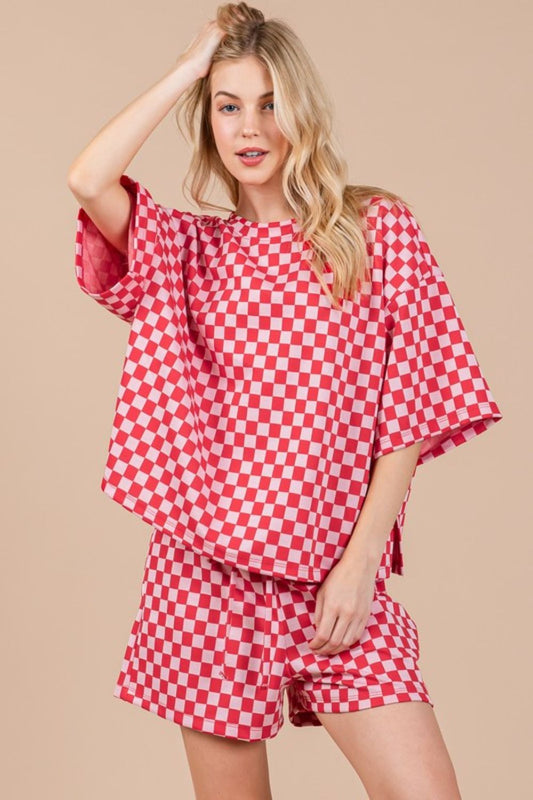 Ces Femme Checkered Round Neck Top and Shorts Set