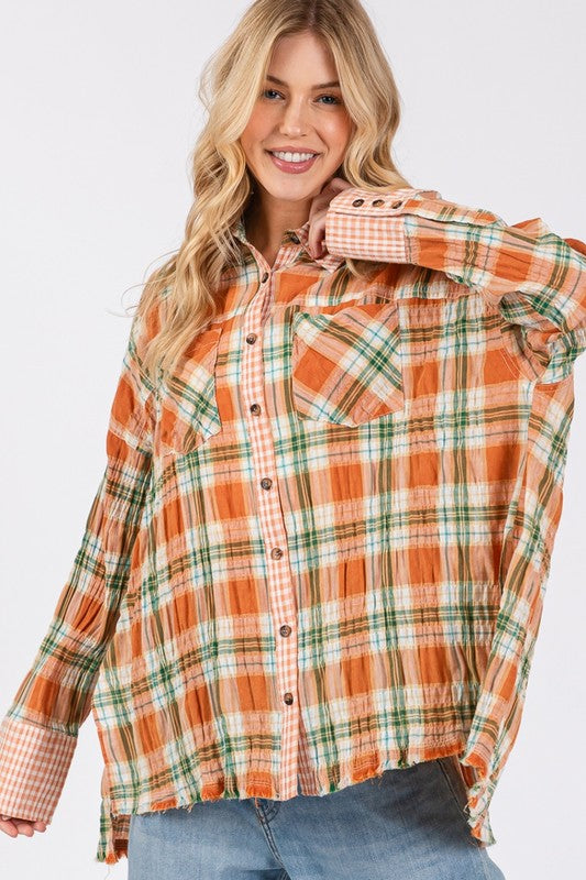 SAGE + FIG Side Slit Plaid Button Down Long Sleeve Shirt