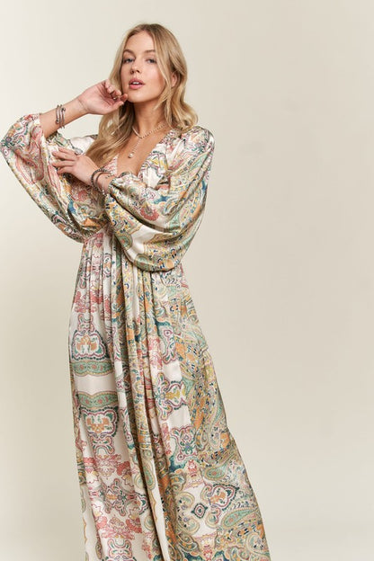 ADORA Printed V-Neck Batwing Sleeve Dress