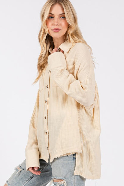 SAGE + FIG Frayed Hem Side Slit Button Down Shirt