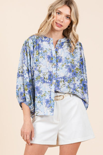 Mittoshop Flower Print Batwing Sleeve Button Down Blouse